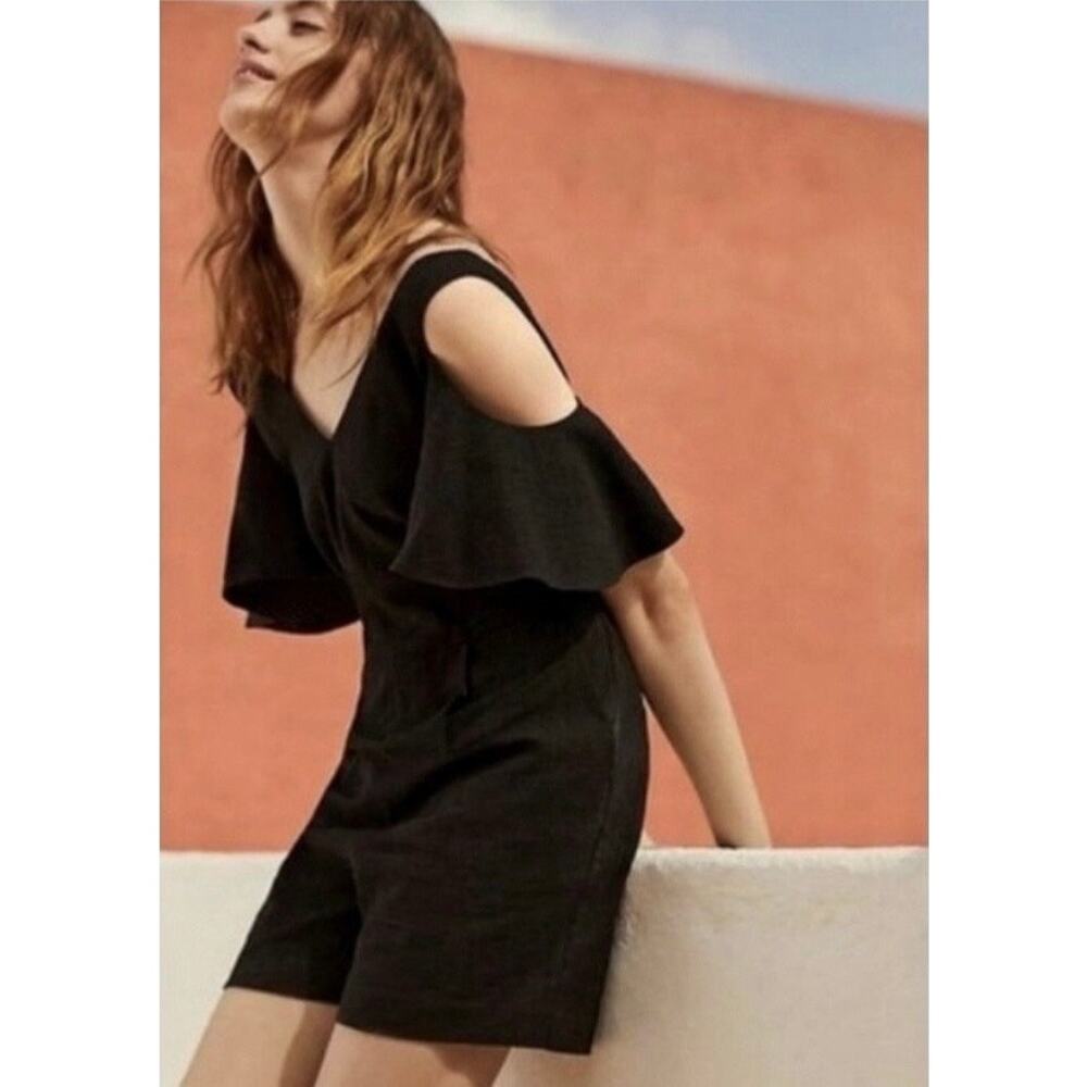 Anthropologie Elevenses Black Cold Shoulder Romper V-Neck Ruffle Size 2 Coquette